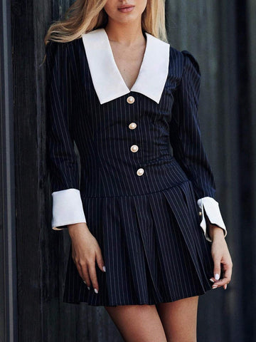Women's Striped Classic Fashionable Casual Retro Pleated Dress