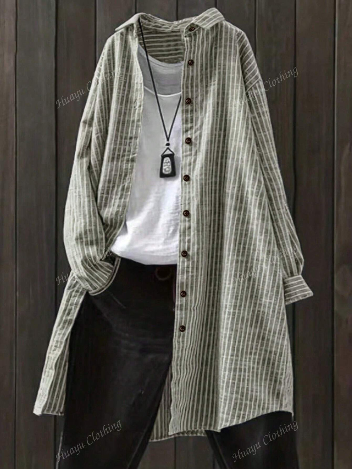 Women's Striped Print Front Button Down Casual Long Sleeve Shirt Dress