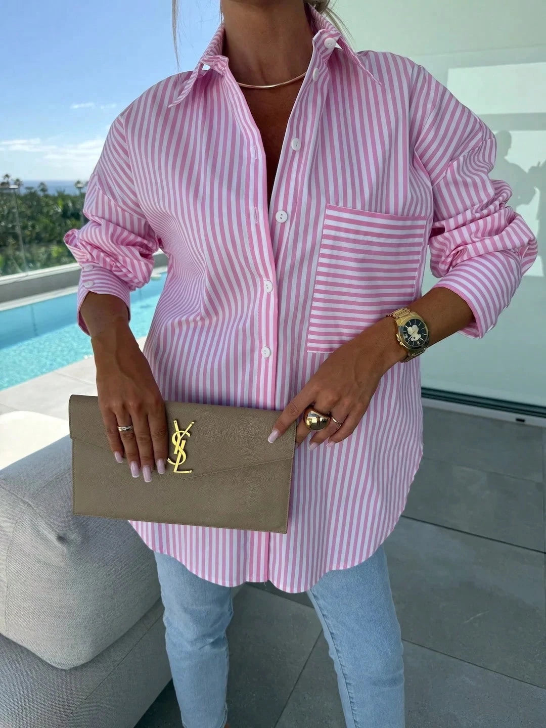 Women's Striped Print Pocketed Button Front Long Sleeve Shirt