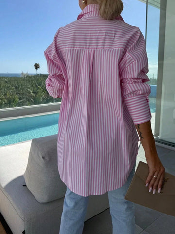 Women's Striped Print Pocketed Button Front Long Sleeve Shirt
