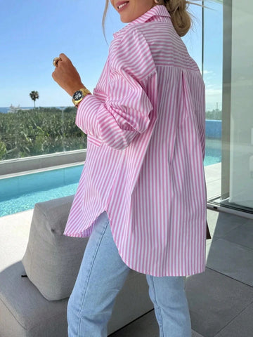 Women's Striped Print Pocketed Button Front Long Sleeve Shirt