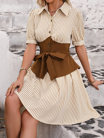 Women's Striped Puff Sleeve Waist-Tied Dress