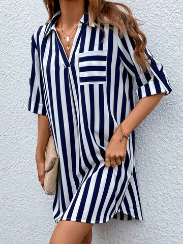 Women's Striped Roll Up Sleeve A-Line Dress