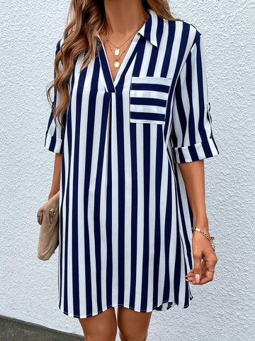 Women's Striped Roll Up Sleeve A-Line Dress