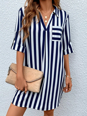 Women's Striped Roll Up Sleeve A-Line Dress
