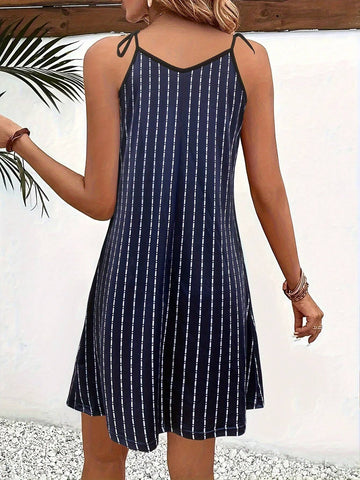 Women's Striped Shoulder Bow Tie Strap Sleeveless Dress