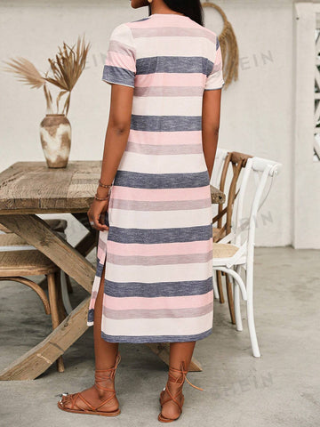 Women's Striped V-Neck Short Sleeve Dress