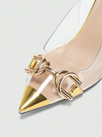 Women's Stylish Spring & Autumn Outdoor Party Daily Life Pvc Gold Clear High-heeled Shoes With Metal Buckle Decoration, Pointed Toe & Ankle Strap