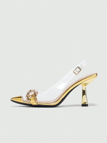 Women's Stylish Spring & Autumn Outdoor Party Daily Life Pvc Gold Clear High-heeled Shoes With Metal Buckle Decoration, Pointed Toe & Ankle Strap