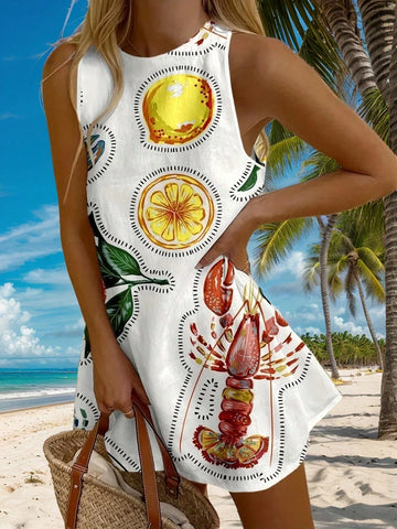 NewWomen's Summer And Spring Fashion Elegant Casual Sexy Vacation-Style Sleeveless Short Cool Dress With Fruit And Floral Patterns