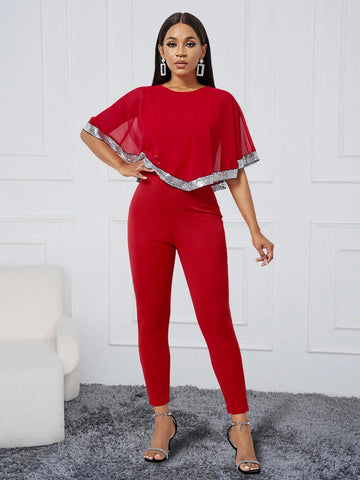 Women's Summer Asymmetrical Sparkle Patchwork Ruffle Trim Round Neck Party Jumpsuit