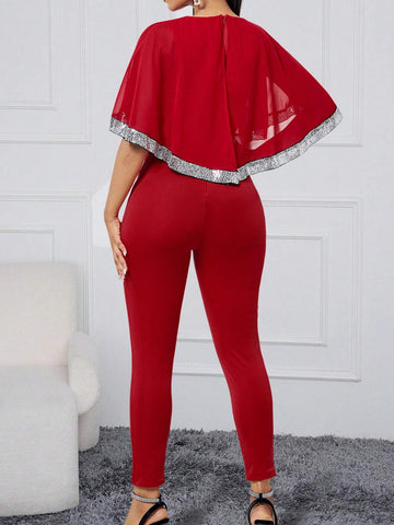 Women's Summer Asymmetrical Sparkle Patchwork Ruffle Trim Round Neck Party Jumpsuit