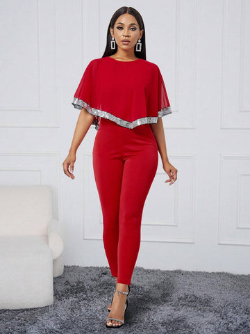 Women's Summer Asymmetrical Sparkle Patchwork Ruffle Trim Round Neck Party Jumpsuit