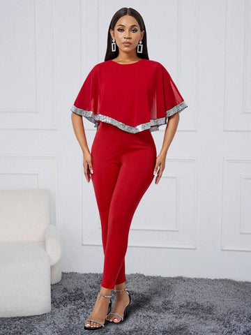 Women's Summer Asymmetrical Sparkle Patchwork Ruffle Trim Round Neck Party Jumpsuit