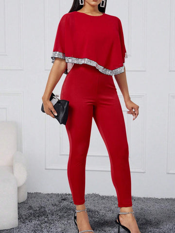 Women's Summer Asymmetrical Sparkle Patchwork Ruffle Trim Round Neck Party Jumpsuit