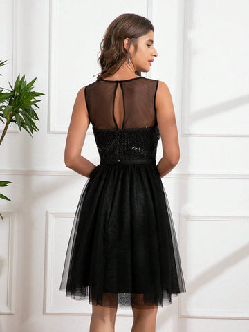 Women's Summer Black Sexy Sequined Mesh Splice Sleeveless Dress