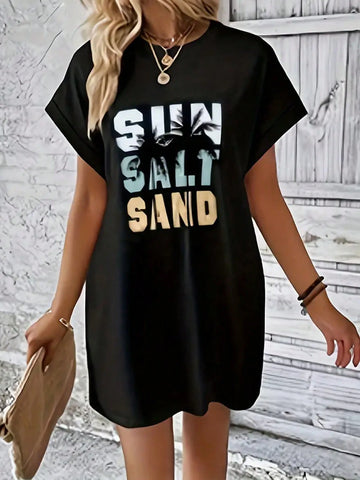 Women's Summer Casual Long Tunic Dress, 100% Polyester Knit Fabric, Geometric Pattern Round Neck, Lightweight, Fashionable Short Sleeve Top, Suitable For Adults