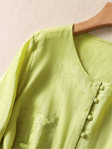 Women's Summer Casual Solid Color Embroidered Double Pocket Shirt