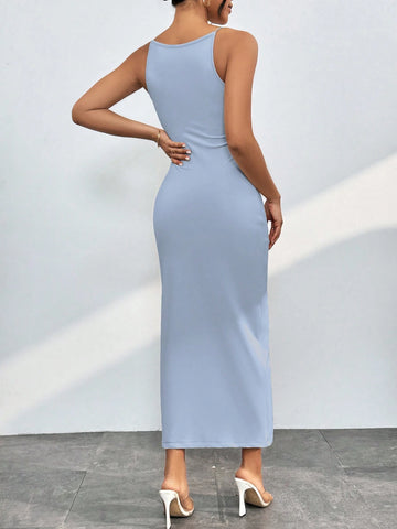 Women's Summer Casual Solid Color Ruched Waist Strap Long Dress