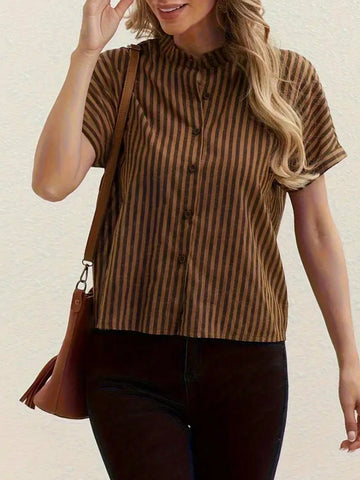 Women's Summer Casual Stand Collar Striped Batwing Sleeve Shirt