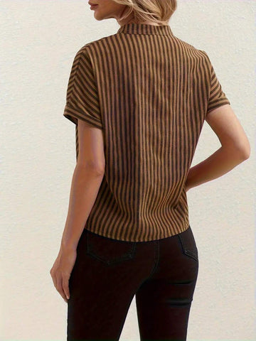 Women's Summer Casual Stand Collar Striped Batwing Sleeve Shirt