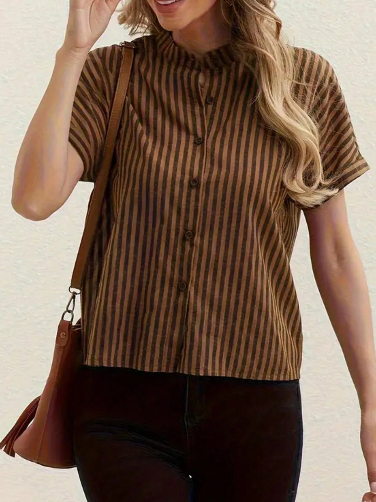 Women's Summer Casual Stand Collar Striped Batwing Sleeve Shirt