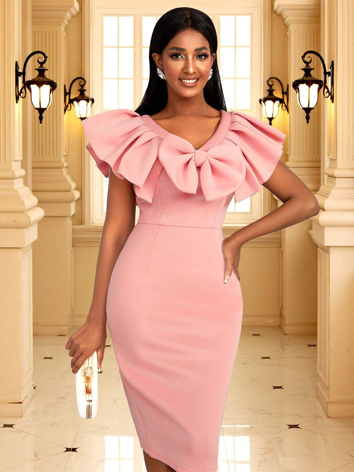 Women's Summer Elegant Solid Color Bowknot Decorated Ruffle Trim Bodycon Dress