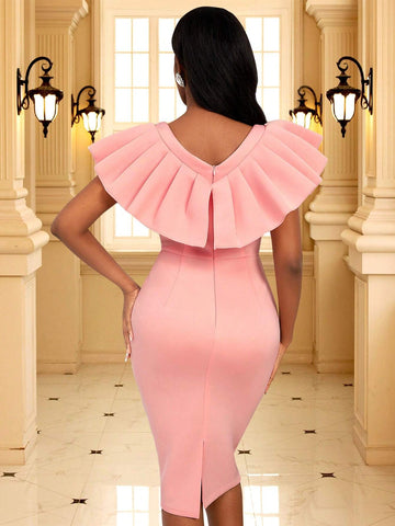 Women's Summer Elegant Solid Color Bowknot Decorated Ruffle Trim Bodycon Dress