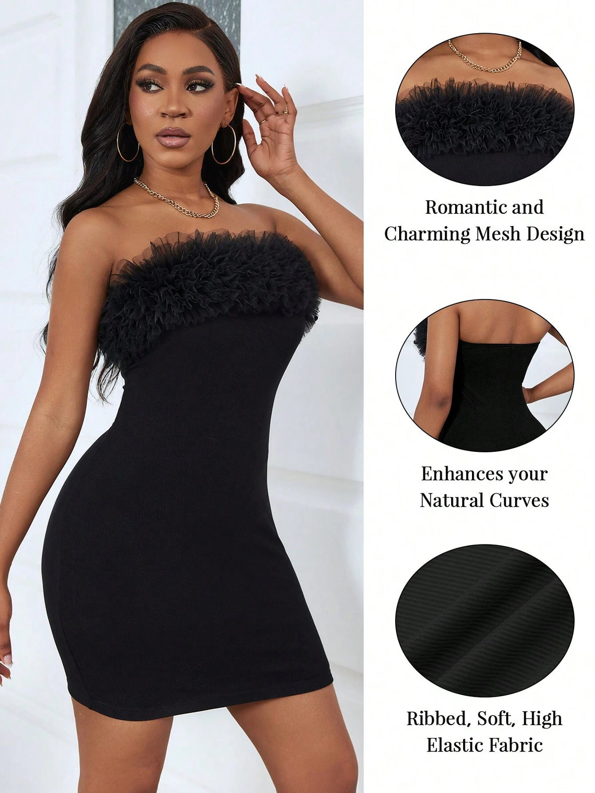 Women's Summer Fashion High-Elastic Mesh Lace Bodycon Strapless Dress