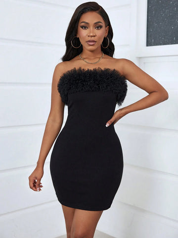 Women's Summer Fashion High-Elastic Mesh Lace Bodycon Strapless Dress