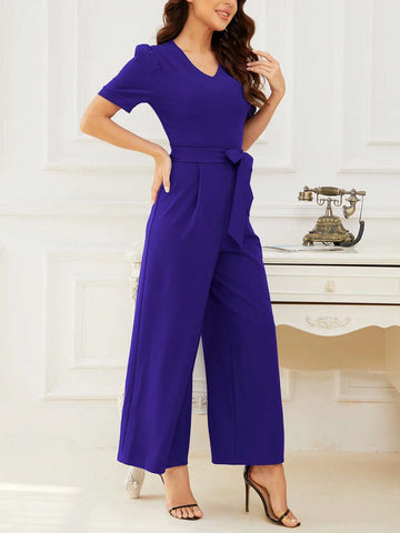 Women's Summer Fashion Solid Color Short Sleeve V-Neck Jumpsuit