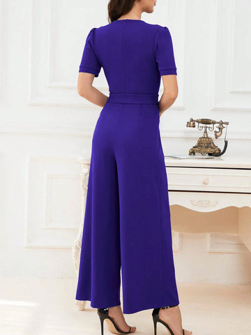 Women's Summer Fashion Solid Color Short Sleeve V-Neck Jumpsuit