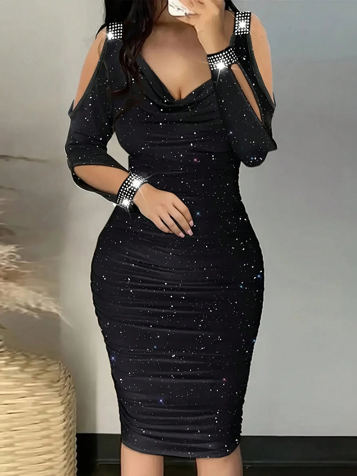 Women's Summer Fashionable Sparkly Open Shoulder Bodycon Dress