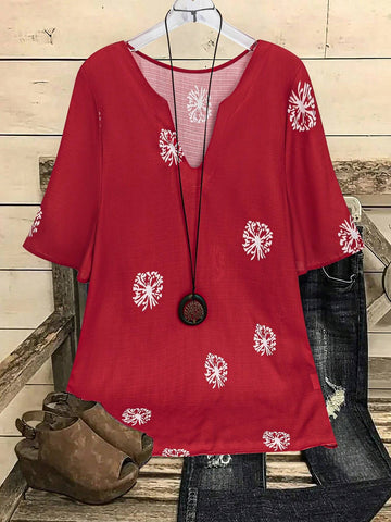 Women's Summer Floral Printed Notch V-Neck Short Sleeve Casual Shirt