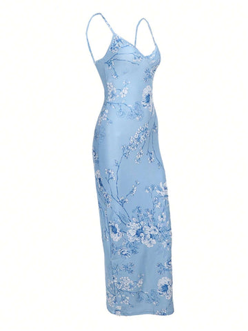 Women's Summer Floral Printed Slim-Fit Long Cami Dress, Elegant