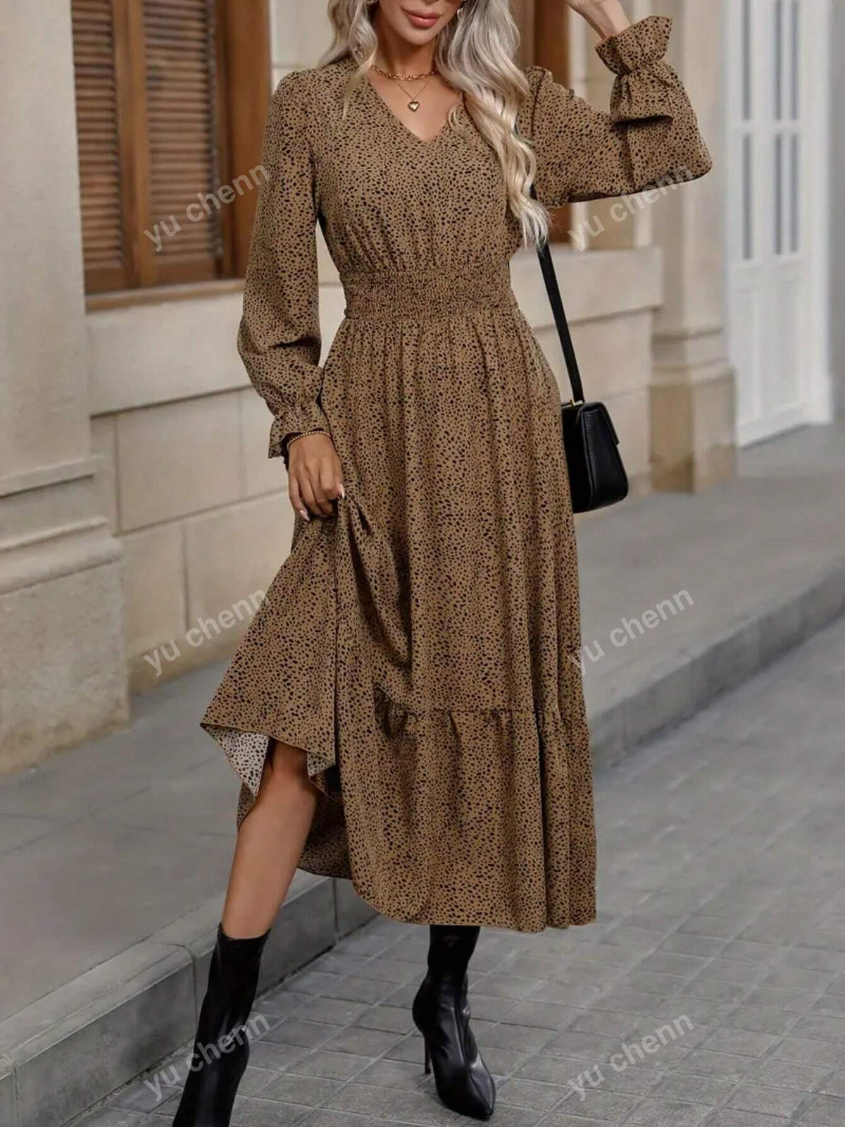 Women's Summer Long-Sleeved Shirred High-Waist Dress With Polka Dot Pattern