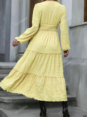 Women's Summer Long Sleeve Frill Trim Casual Shirred High Waist Dress