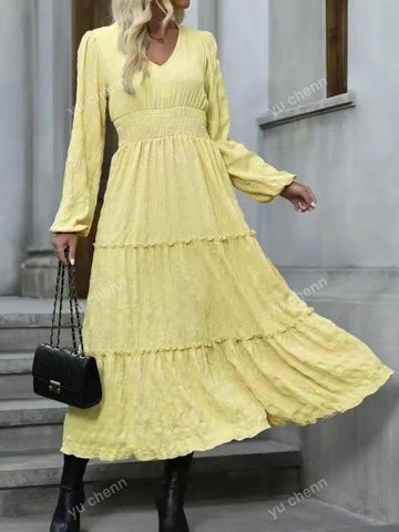 Women's Summer Long Sleeve Frill Trim Casual Shirred High Waist Dress