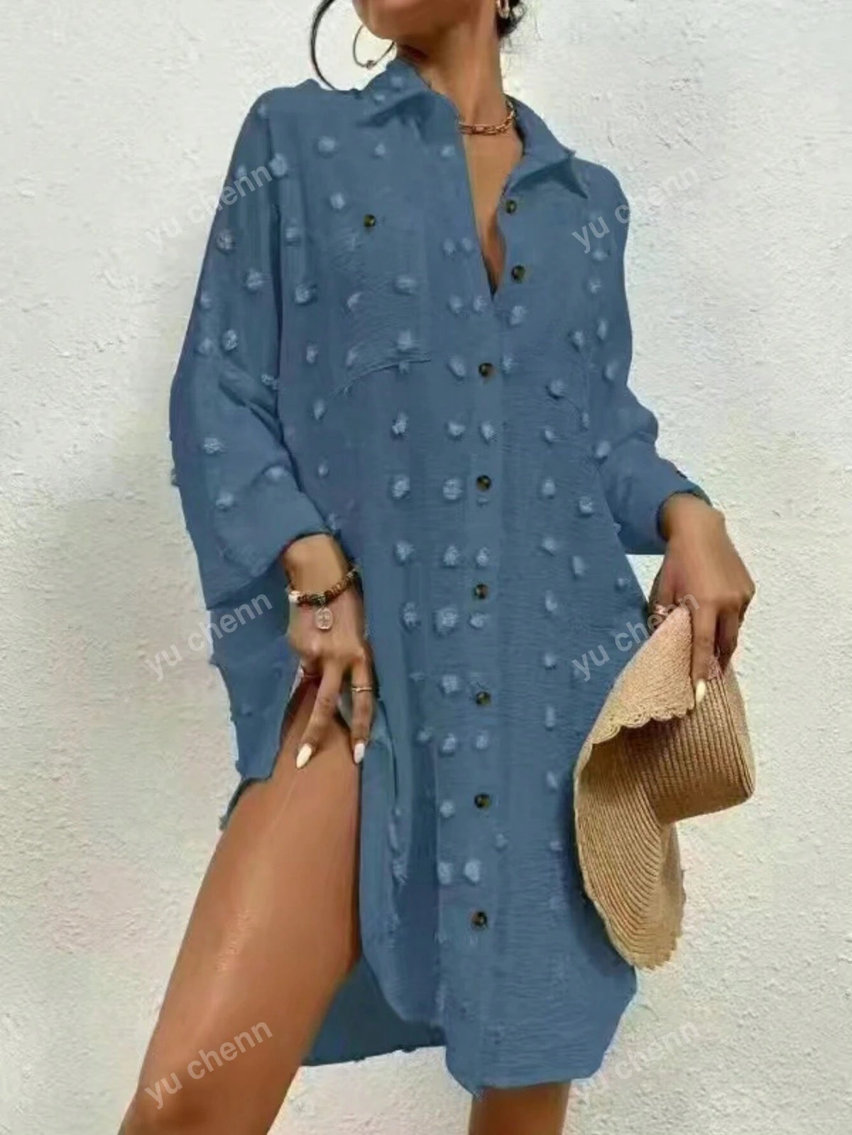 Women's Summer Long Sleeve Swiss Dots Shirt Dress