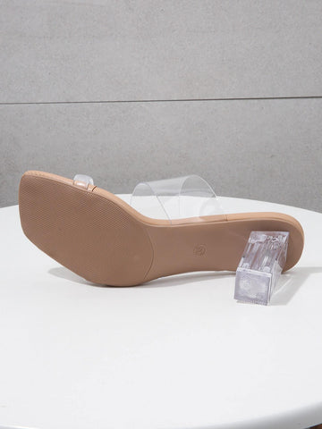 Women's Summer New Clear High Heel Shoes, Fashion One-Word Slippers, Crystal Thick Heel Versatile Sandals, Sexy Shoes For Party & Banquet