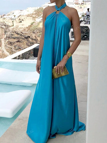 Women's Summer O-Ring Criss Cross Sleeveless Self-Tie Halter Backless Maxi Long Beach Dress