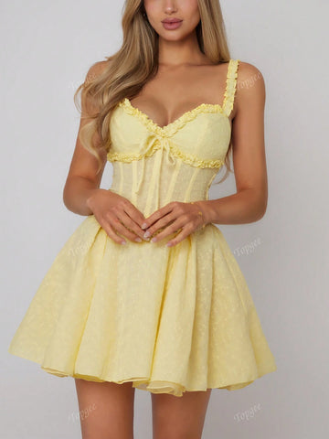 Women's Summer Patchwork Ruffled Trim Spaghetti Strap Mini Dress