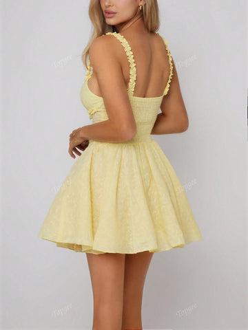 Women's Summer Patchwork Ruffled Trim Spaghetti Strap Mini Dress