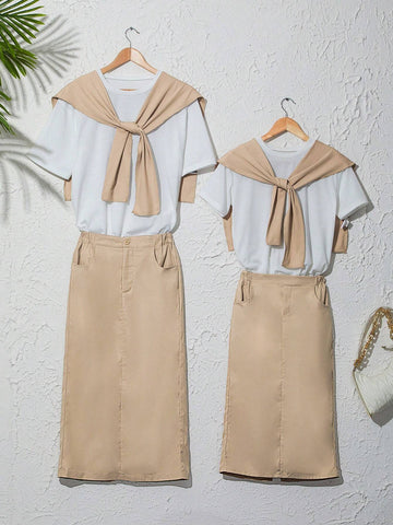 Women's Summer Round Neck Short Sleeve T-Shirt And Straight Skirt With Pockets Casual Two-Piece Outfit