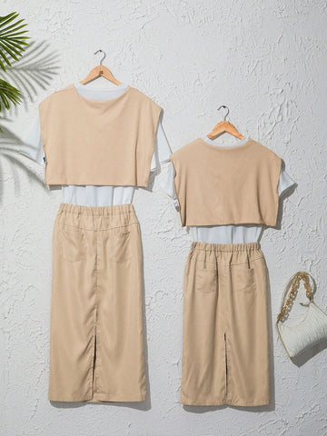 Women's Summer Round Neck Short Sleeve T-Shirt And Straight Skirt With Pockets Casual Two-Piece Outfit