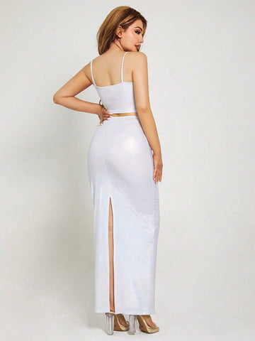 Women's Summer Solid Color Crop Top With Halter Neck And Slim Fit Long Skirt Two-Piece Set