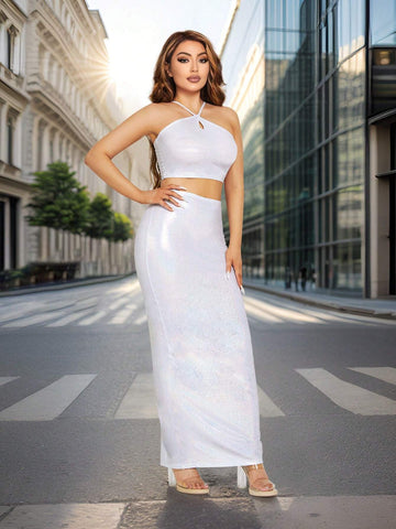 Women's Summer Solid Color Crop Top With Halter Neck And Slim Fit Long Skirt Two-Piece Set