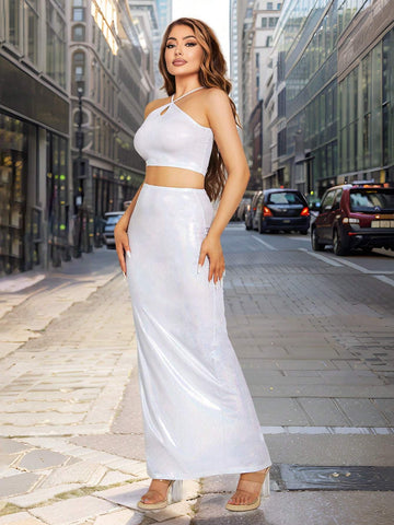 Women's Summer Solid Color Crop Top With Halter Neck And Slim Fit Long Skirt Two-Piece Set