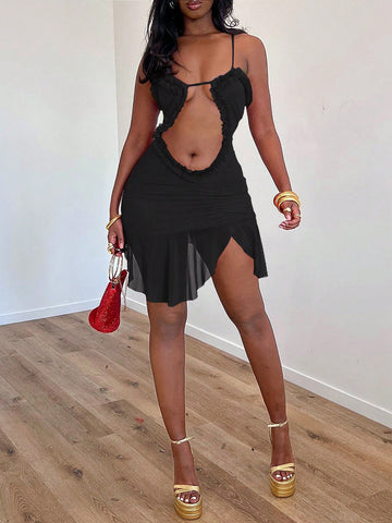 Women's Summer Solid Color Mesh Stitching Hollow Suspenders Pleated Lace Slit See-Through Sexy Date Mini Hot Girl Holiday Street Club Dress