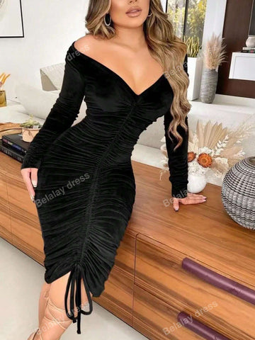 Women's Summer Solid Color Pleated Slim Fit Long Sleeve Dress